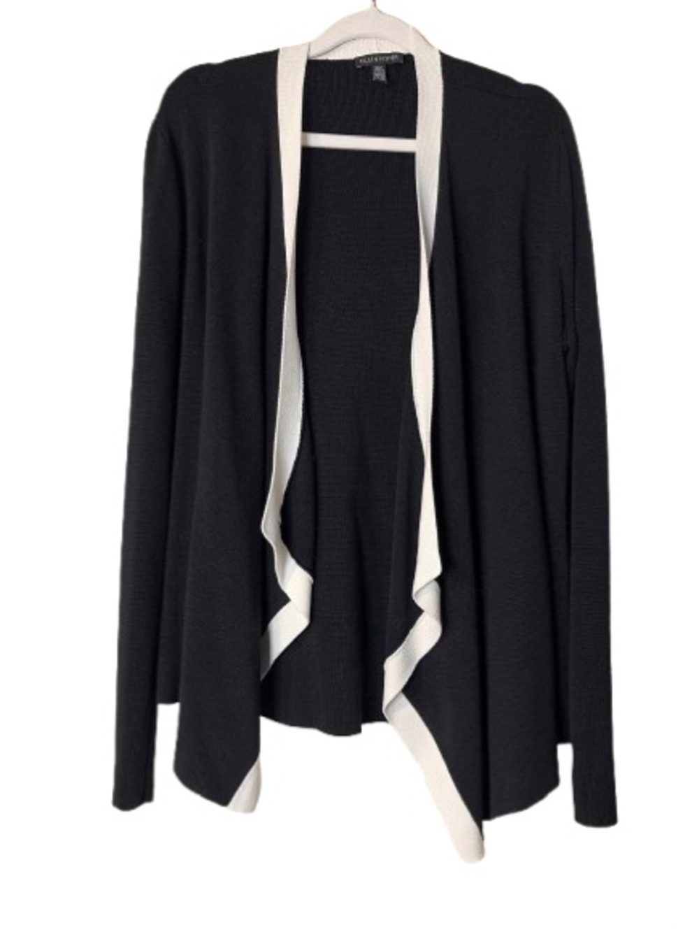 Eileen Fisher Black Open-Front Cardigan with Cream Trim, Large